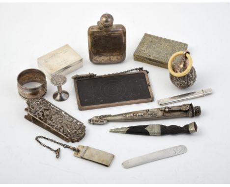 
	
		Y&nbsp;A collection of silver and silver coloured items, to include: a late Victorian small silver spirit flask by James