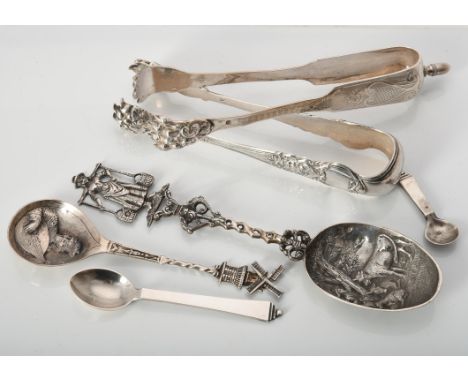 
	
		A collection of silver flatware, to include: a silver coloured pyramid pattern coffee and salt spoon by Georg Jensen, 19