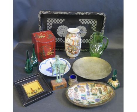 A Japanese Satsuma Vase, tin tea caddy, tray, enamel glass jug etc. 