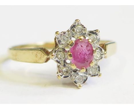 A 9ct Gold Ruby and Diamond Cluster Ring, size M, 1.6g 