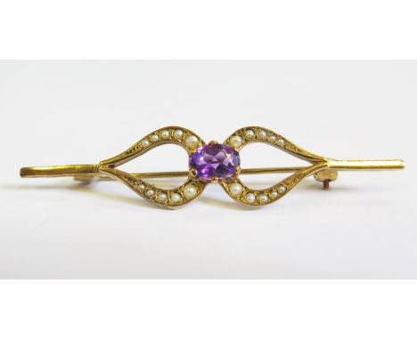 A Hallmarked 9ct Gold, Amethyst and Pearl Brooch, 2.8g 