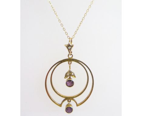 A 9ct Gold, Amethyst and Seed Pearl Pendant Necklace, 38cm, 2.3g 