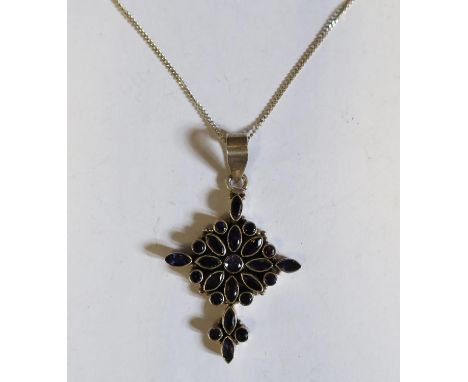 A Silver and Amethyst Set Cross Pendant on chain, 52mm drop 