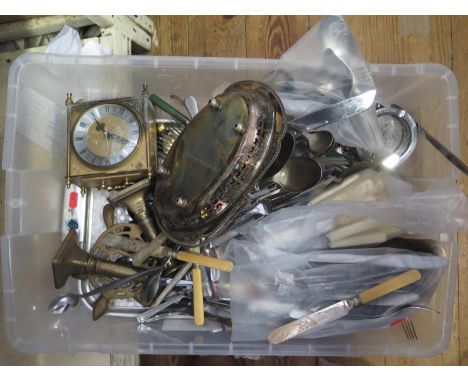 A Pair of Silver Plated Sauce Boats, other plate, brass candlesticks, clock etc. 