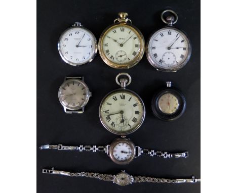 A Silver Cased Open Dial Pocket Watch, silver cased ladies watch, Aldbridge, Ingersol and SMITHS pocket watches (all A/F), Ro