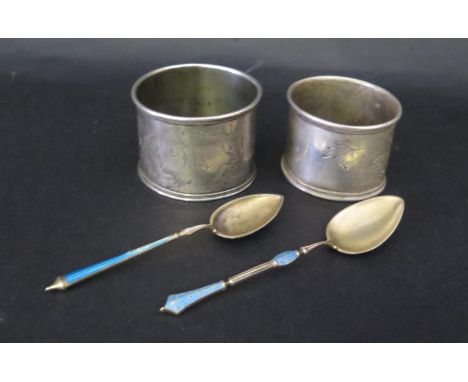 Two Russian .84 Silver Napkin Rings with chased foliate decoration, 63g and two enamel spoons 19.7g 
