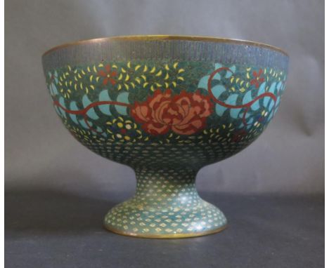 A Chinese Cloisonné Enamel Bowl with floral and foliate decoration, 20.5cm diam. x 14cm high. Base with old label 'BOWES COLL