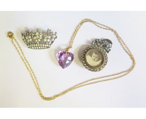 A Carved Amethyst Heart Pendant and two coronet brooch and pendant 
