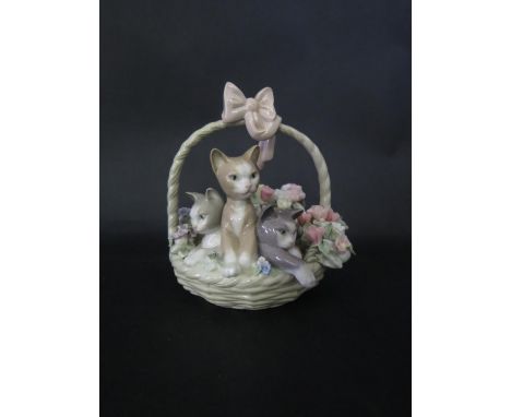 A Lladro Kitten and Floral Basket Ornament, c. 14cm high 