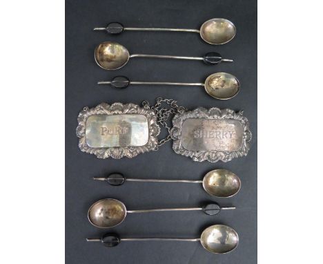 A Set of Six Silver Coffee Bean Finial Spoons and silver Sherry and Port labels, 62g 