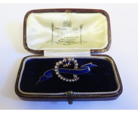 A Victorian Unmarked Cased 15ct Gold, Enamel and Pearl Heart Brooch, 42mm, 3.9g 