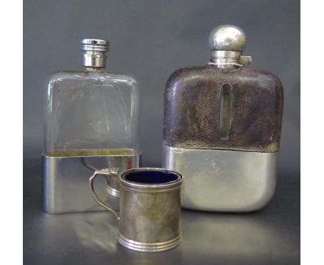 A Hip Flask with Silver Plated and Leather Mounts (JD&amp;S), one other and silver cruet 56g 