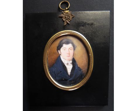 A Georgian Miniature Portrait of a Gentleman, 7x6cm, framed &amp; glazed. Hand written details verso, possibly by James Cleme