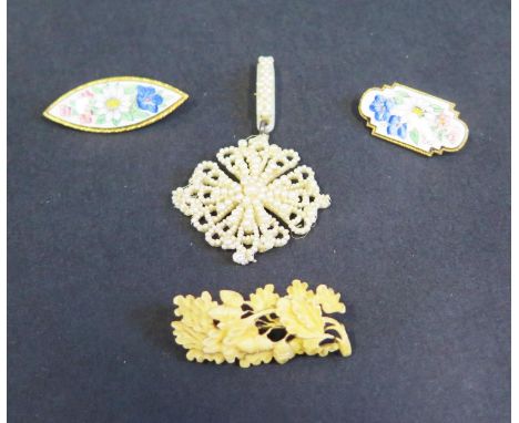 Two Floral Enamel Brooches, pearl pendant and antique carved ivory brooch 