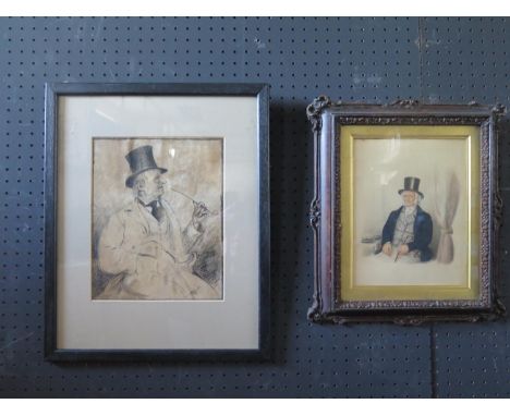 R. MacLeod 97, Sketch of Gentleman with clay pipe, charcoal, 25x20cm, framed &amp; glazed and Victorian watercolour of gentle