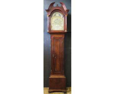 HENRY TRISTRAM of TAMWORTH Oak Longcase Clock with 8 day striking movement and moon phase arch top dial, silver chapter ring 