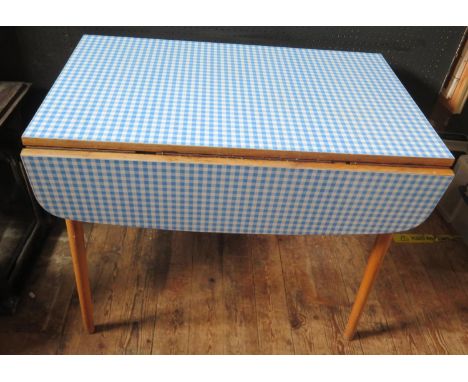 A Vintage Blue Gingham Formica Top Kitchen Lap Table, 92x100cm 