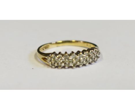 A 9ct Gold and Three Row Diamond Ring, size K.5, 1.6g .15ct DW 