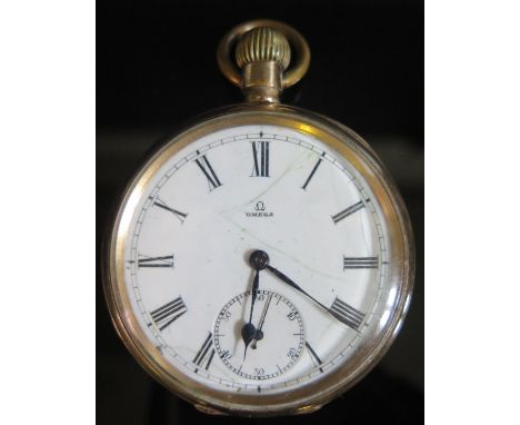 An OMEGA Open Dial Keyless Pocket Watch in gold plated case, movement engraved Labrador, enamel dial cracked, running 