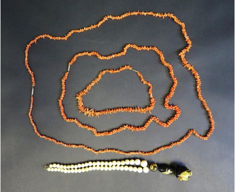 Three Stick Coral Necklaces and antique ivory bead necklace 