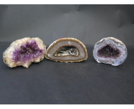 An Amethyst Crystal Sample (15cm), amethyst geode half and one other 