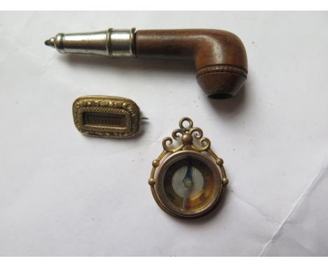 A Fob Pencil in the form of a tobacco pipe (55mm), 19th century memorial brooch and fob compass