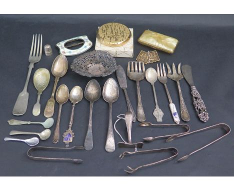 A Selection of Victorian and later Silver including damaged enamel buckle (204g), plated flatware, Stratton compact etc. 