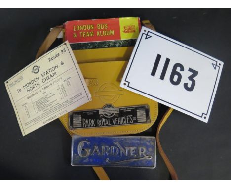 A London Transport Leather Satchel and contents including Foden Gardner badge, enamel 1163 badge etc. 