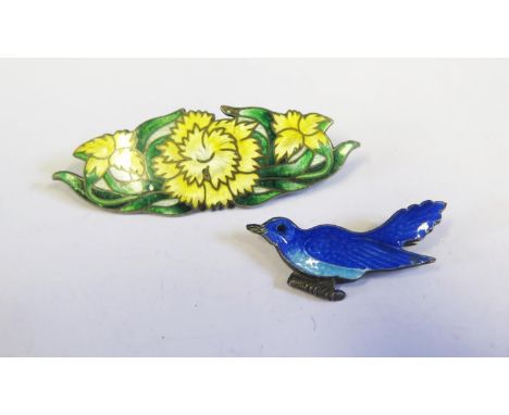 A Sterling Silver Cloisonné Floral Brooch (60mm) and enamel bird brooch 