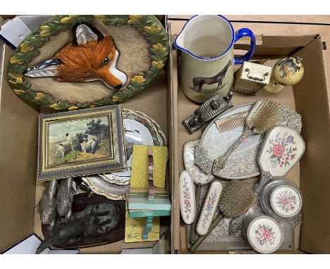 Royal Stratford meat plate relief moulded in the form of a Foxes head, two silver-plated pheasants, dressing table set, clock