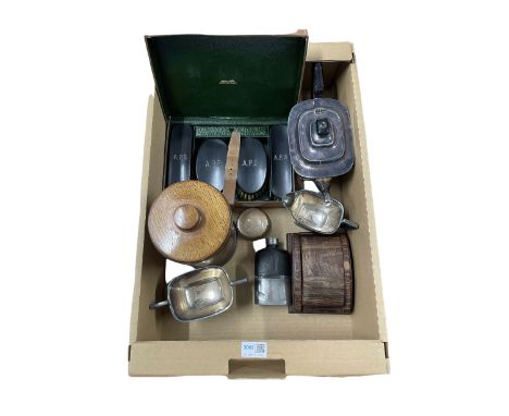 Mappin &amp; Webb leather cased ebony backed brush set, three-piece silver plated tea set, oak box and cover, pewter and glas