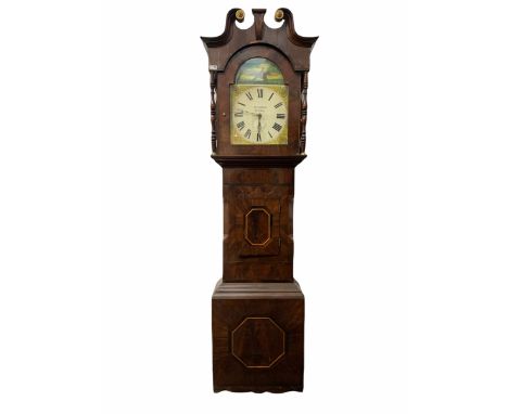 Late Victorian mahogany veneered longcase clock with a swan's neck pediment and gilt paterae, break-arched hood door flanked 