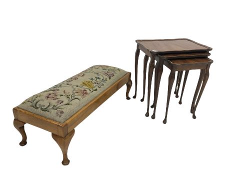 Nest of Walnut occasional tables together with and an Oak tapestry stool with needlework top