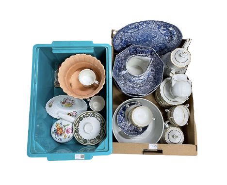 Adams blue and white fruit bowls, jug and plate, Limoges tea set, planter and other ceramics in two boxes