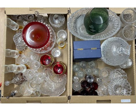 Heavy cut glass bonbon jar and cover and matching centrepiece bowl, ruby drinking glasses, fruit bowl etc in two boxes