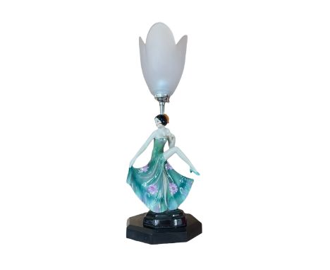 Art Deco style figural table lamp with frosted glass shade H36.5cm 