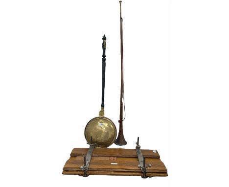 Copper and brass hunting horn, together with a trouser press and a Victorian bed warming pan 