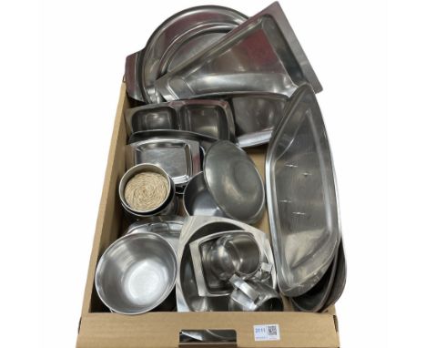 Old Hall and Danish stainless steel table ware including tea trays, serving dishes, milk jugs etc, model of a horse on stone 