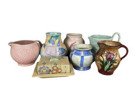 Art Deco Radford butter dish, jug and two vases, Sylvac jug etc