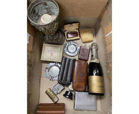 One quarter bottle Invalid Pale Dry Creaming, two vintage leather cigar cases, Victorian oil lamp base moulded with putti, as