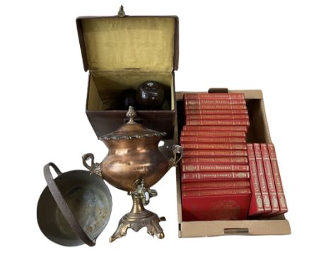 Set of four Tyrolite bowls, brass preserve pan, twin handled copper tea urn by T. Purdon and a set of Children's Britannica b