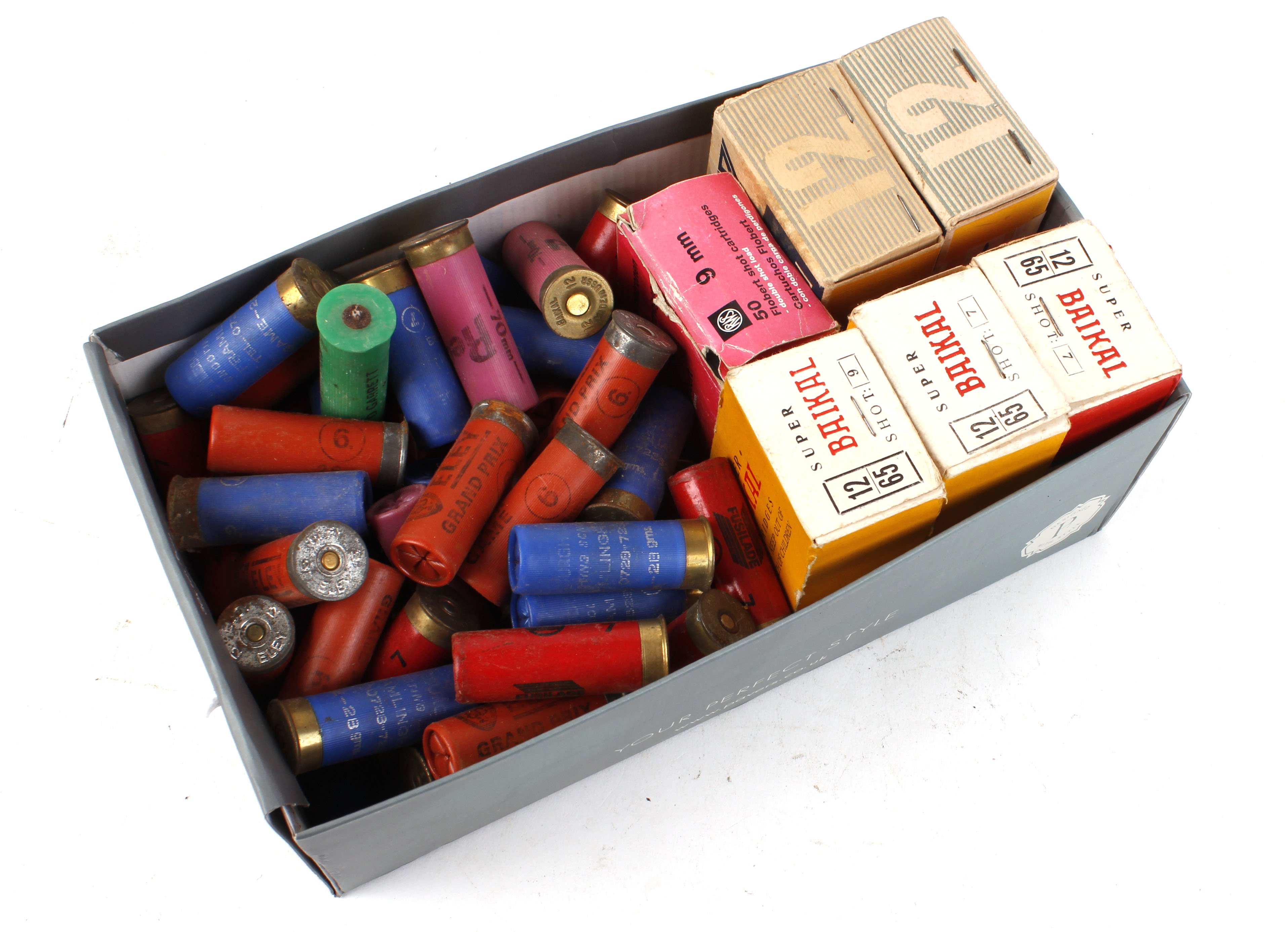 Quantity of mixed 12 bore cartridges; box of 9mm Flobert cartridges