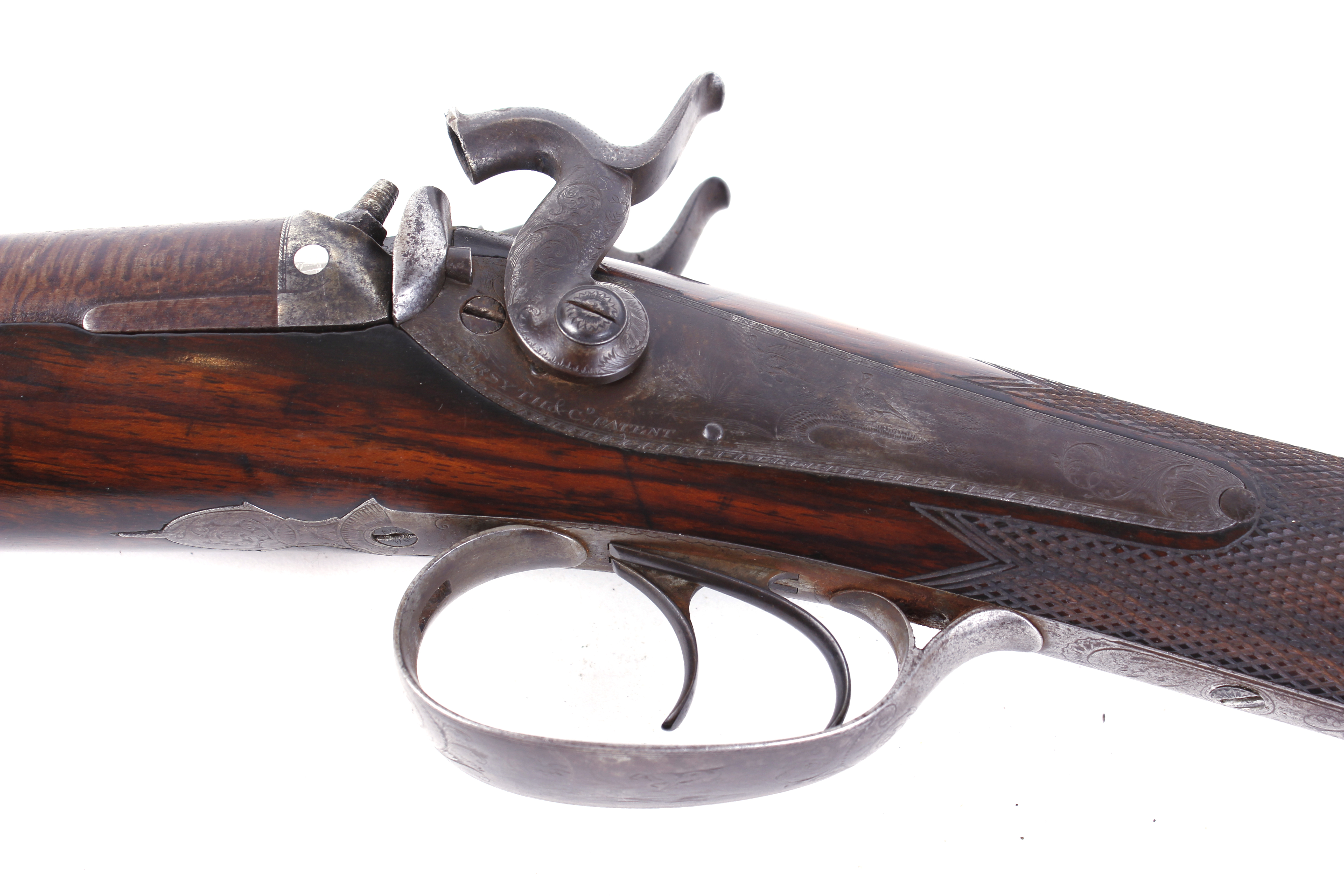 14 bore percussion double sporting gun by Forsyth & Co., 30 ins brown ...