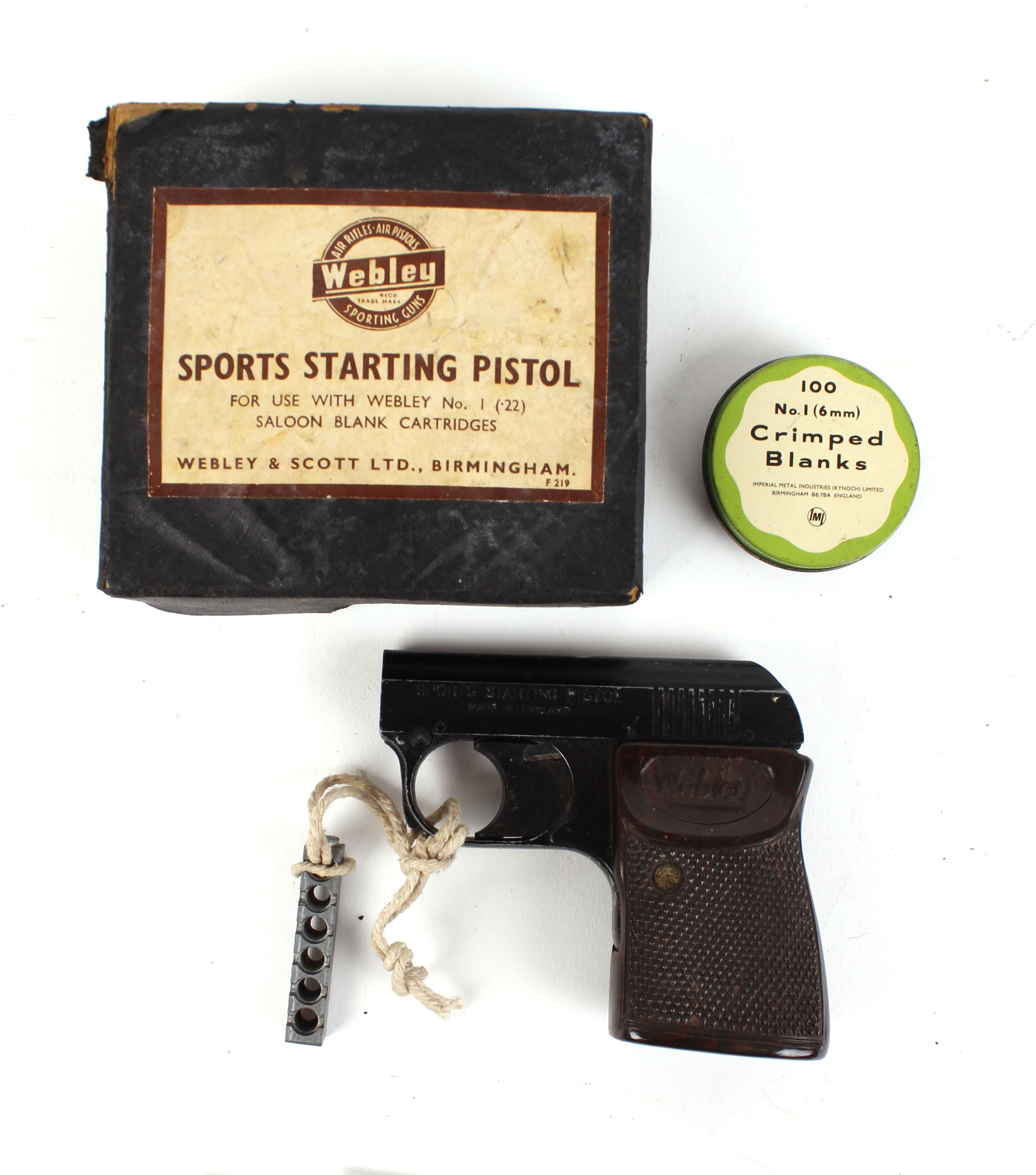 .22 ley Sports starting pistol, 6 shot magazine in original box, with tin of 6mm crimped blank