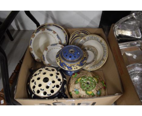 A box containing three dessert sets including Ducal ware and Woods Ivory ware. Also included are three ceramic rose bowls.