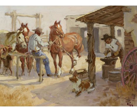 Charlie Dye (1906-1972)Oil sketch of Shoeing the Line signed with initials 'CD' (lower right), signed again, titled and inscr