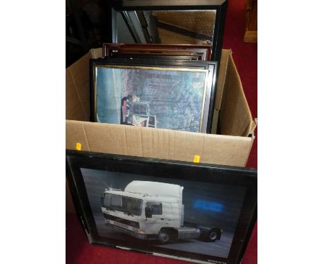 A box of road transport and racing pictures and prints, to include a picture of a Volvo FL10 tractor unit; together with two 