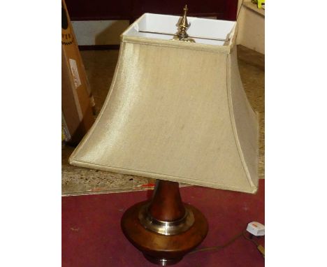 A contemporary turned fruitwood and brushed chromed metal table lamp with shade