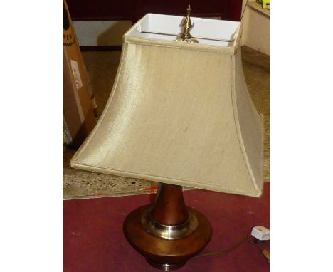 A contemporary turned fruitwood and brushed chromed metal table lamp with shade