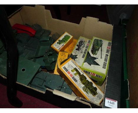 A tray of Airfix 1:32nd scale military vehicles, some examples boxed but others damaged 